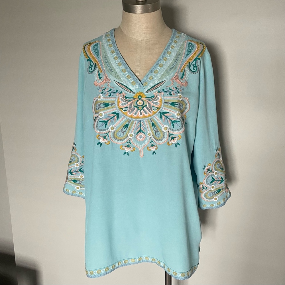 Soft Surroundings turquoise river embroidered 3/4 sleeve top size L